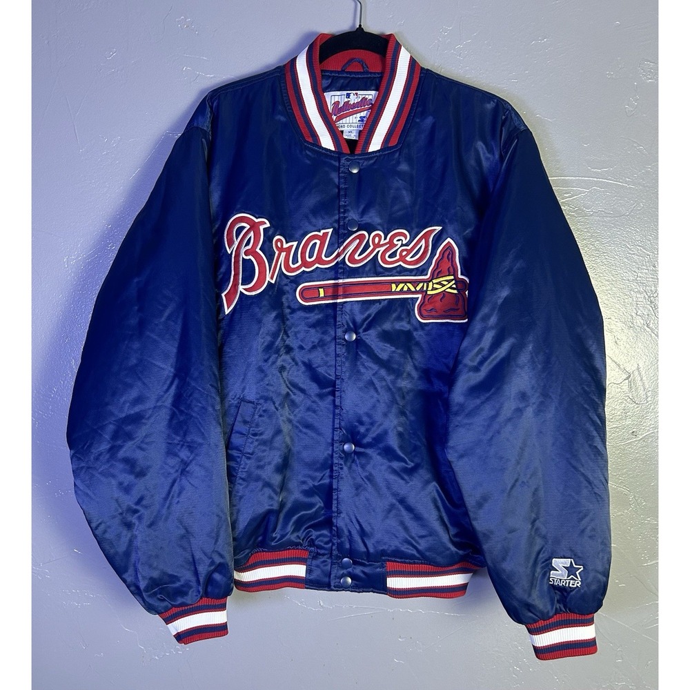 vintage 1990s Atlanta Braves blue satin full-snap bomber jacket Starter MLB XL